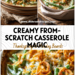 A creamy baked Green Bean Casserole From Scratch with crisp topping and golden edges on a rustic table.